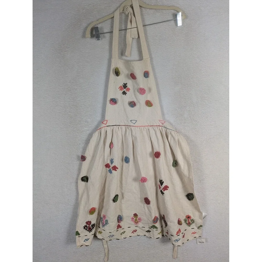NEW Anthropologie Apron Women's OS Ivory Multi Embroidered Pom Pom Boho Folk